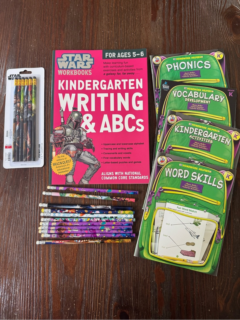 5 Kindergarten workbooks 17 pencils Disney Star Wars NWT activity learning kids